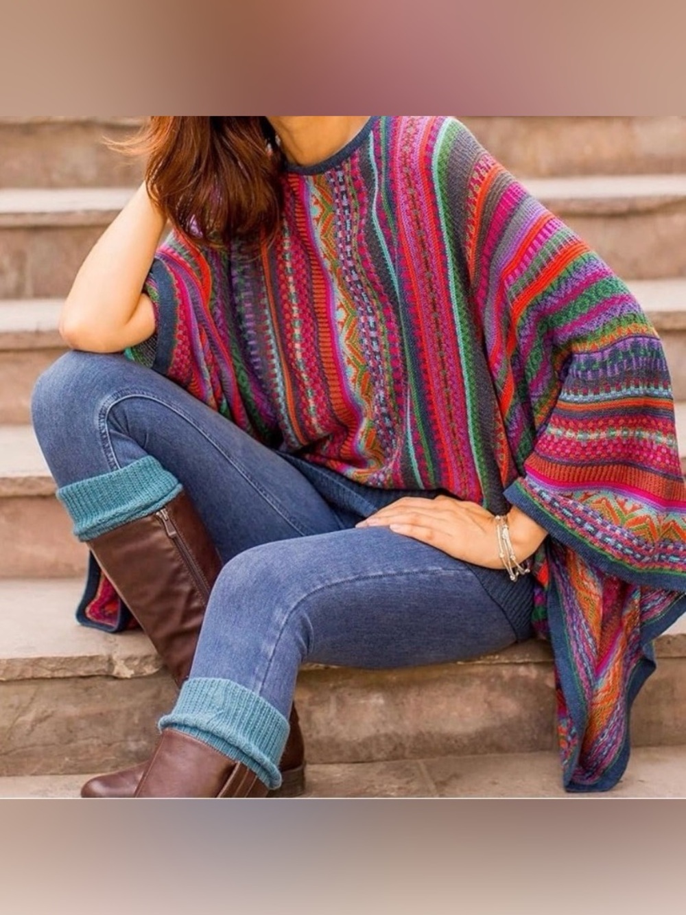Colorful Multistripe Knit Poncho Sweater - Women's